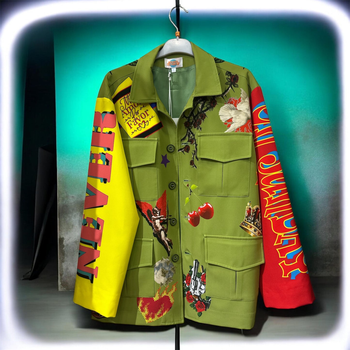 Never On Sunday “Love Not War” Statement Jacket Khaki