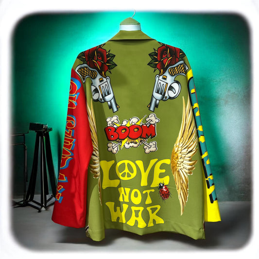Never On Sunday “Love Not War” Statement Jacket Khaki