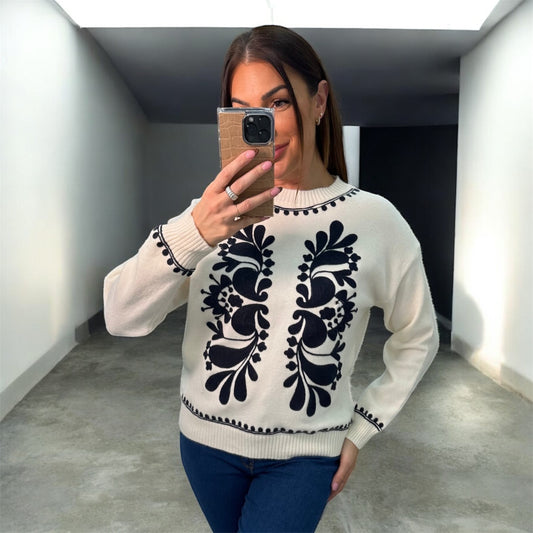 Ivory Knit Sweater with Black Embroidered Floral Pattern