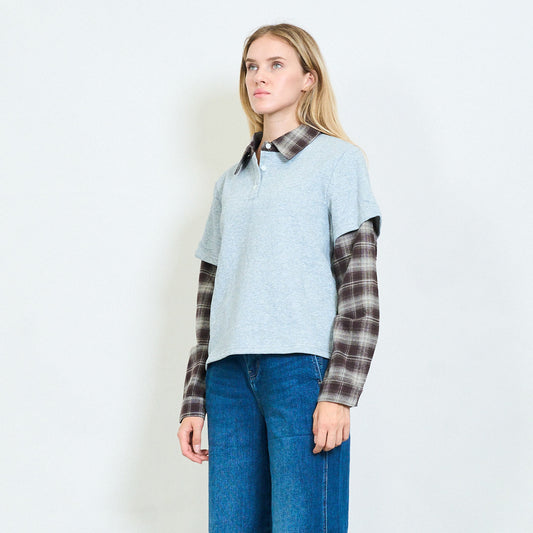 Layered Effect Shirt with Plaid Sleeves Grey
