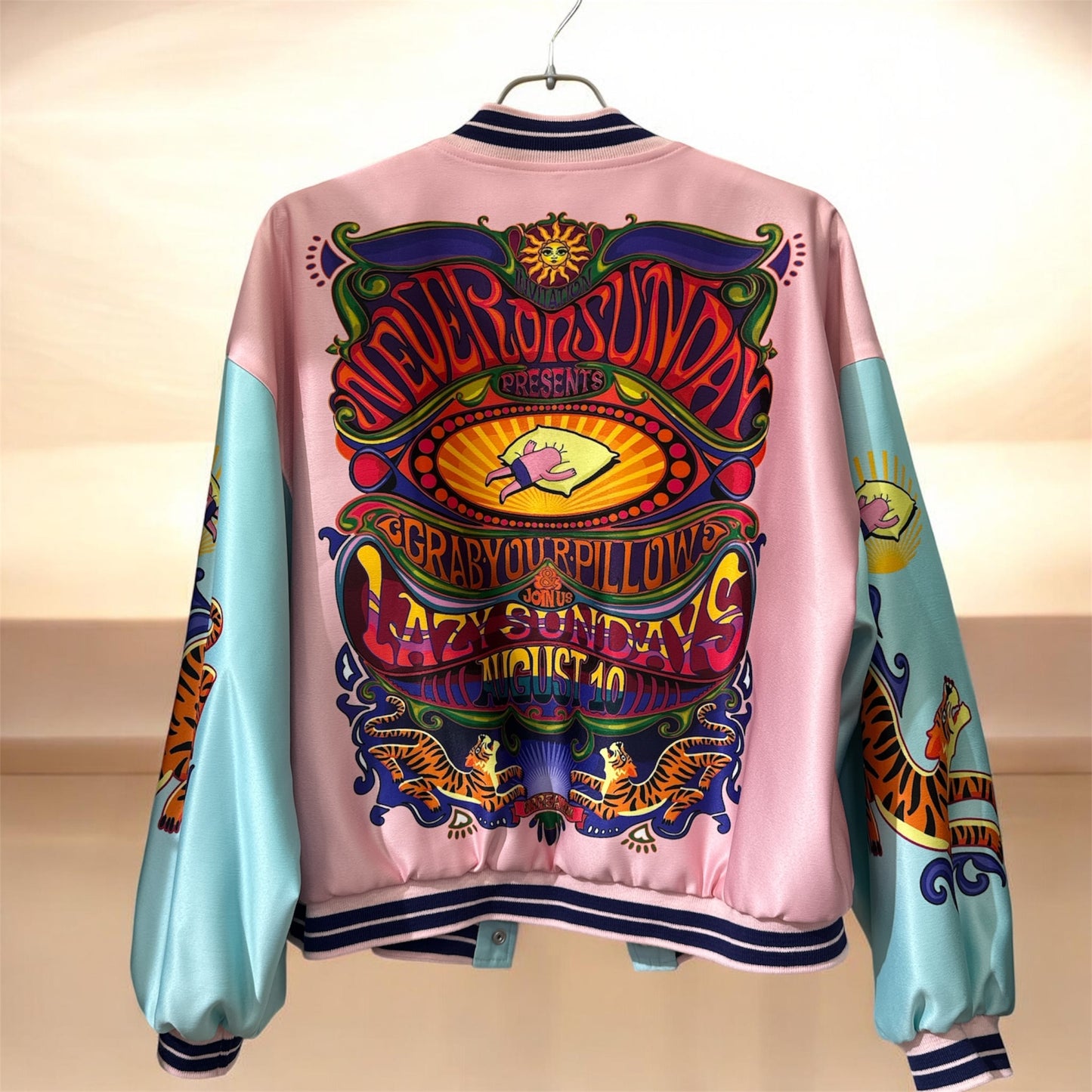 Never On Sunday “Sunset Mood” Varsity Jacket Pink