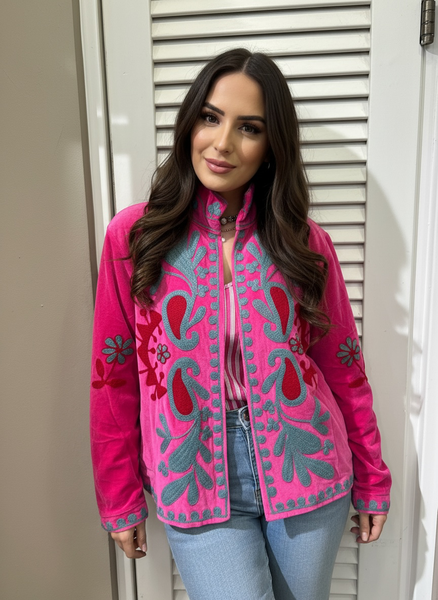 Embroidered Bloom Jacket Fuchsia