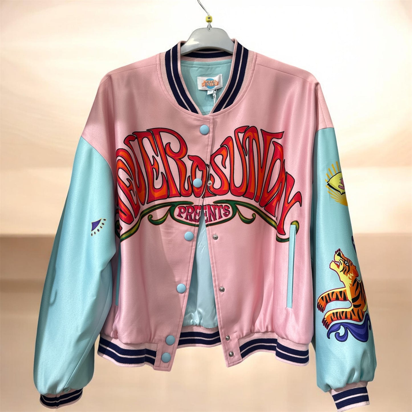 Never On Sunday “Sunset Mood” Varsity Jacket Pink