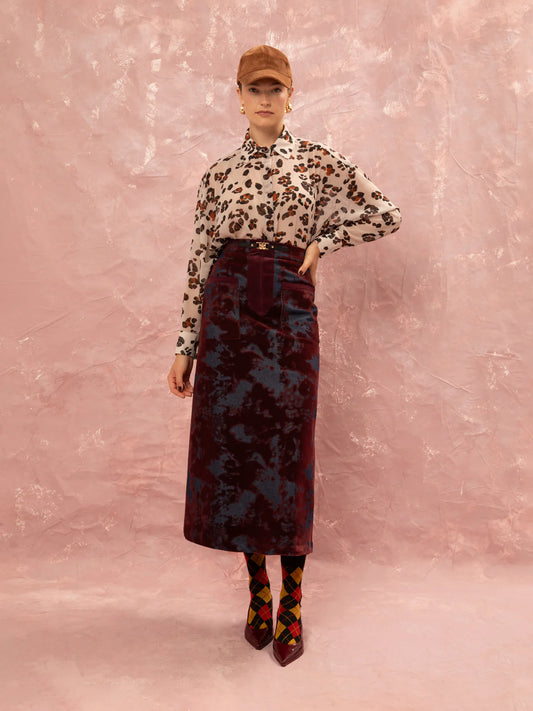 WE__ARE
DENIM/VELVET STRAIGHT MIDI SKIRT - BURGUNDY