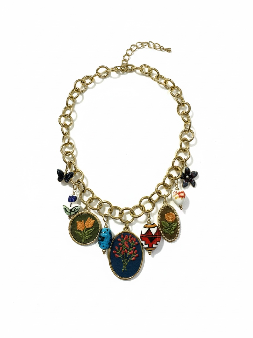 Botanical Charm Chain Necklace Blue