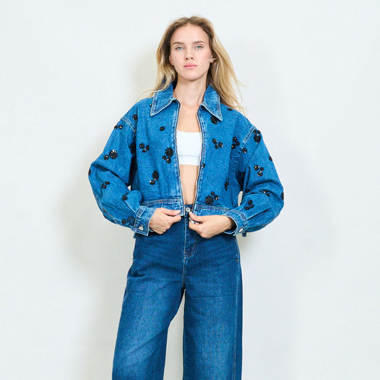 Floral Embroidered Denim Jacket blue