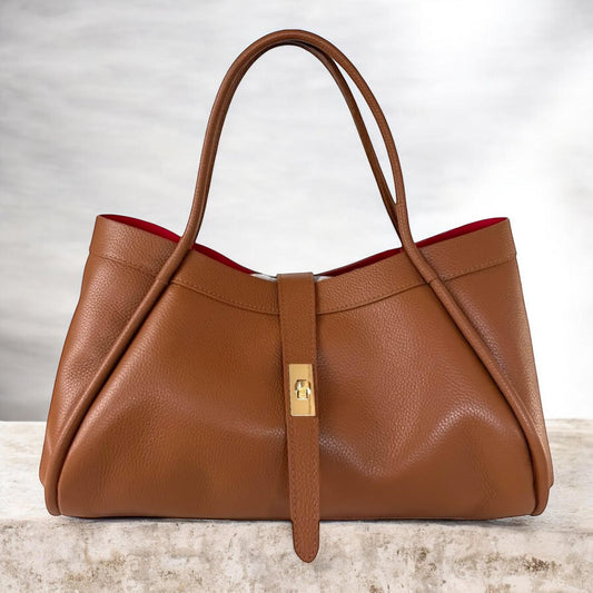 Elegance Lock Leather Tote – Tan