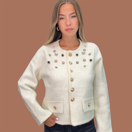 Pearl & Gold Button Cardigan – White