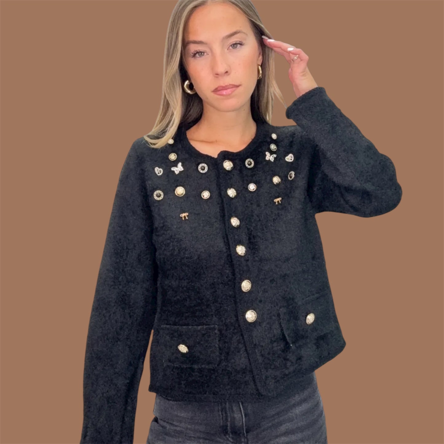 Pearl & Gold Button Cardigan – black