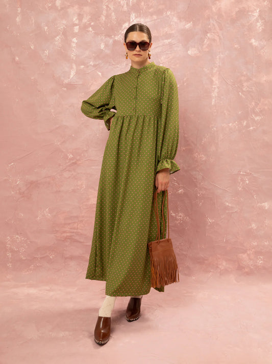 WE__ARE
MAO COLLAR MAXI DRESS - FLORAL DOT LIME