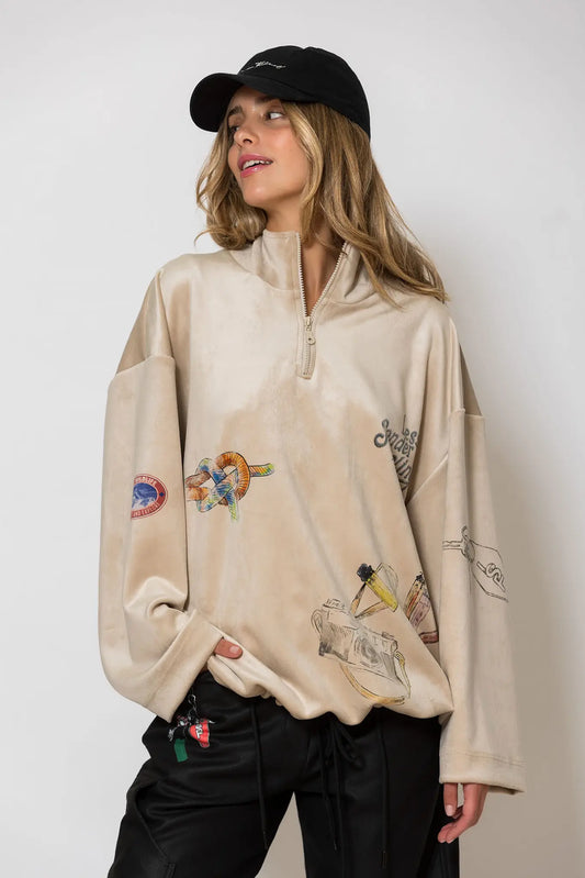 Printed Loose fit Zip Up Hoodie Velvet