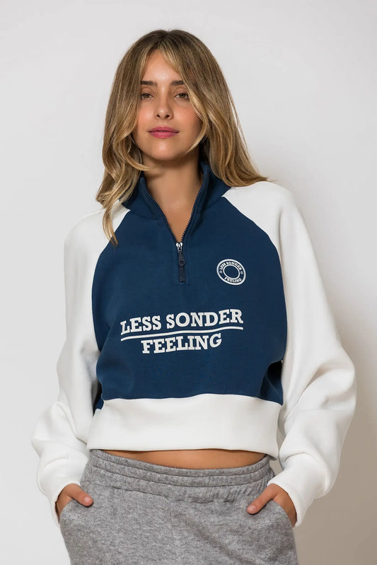 Logo Embroidered Two-Tone Crop Sweater Blue