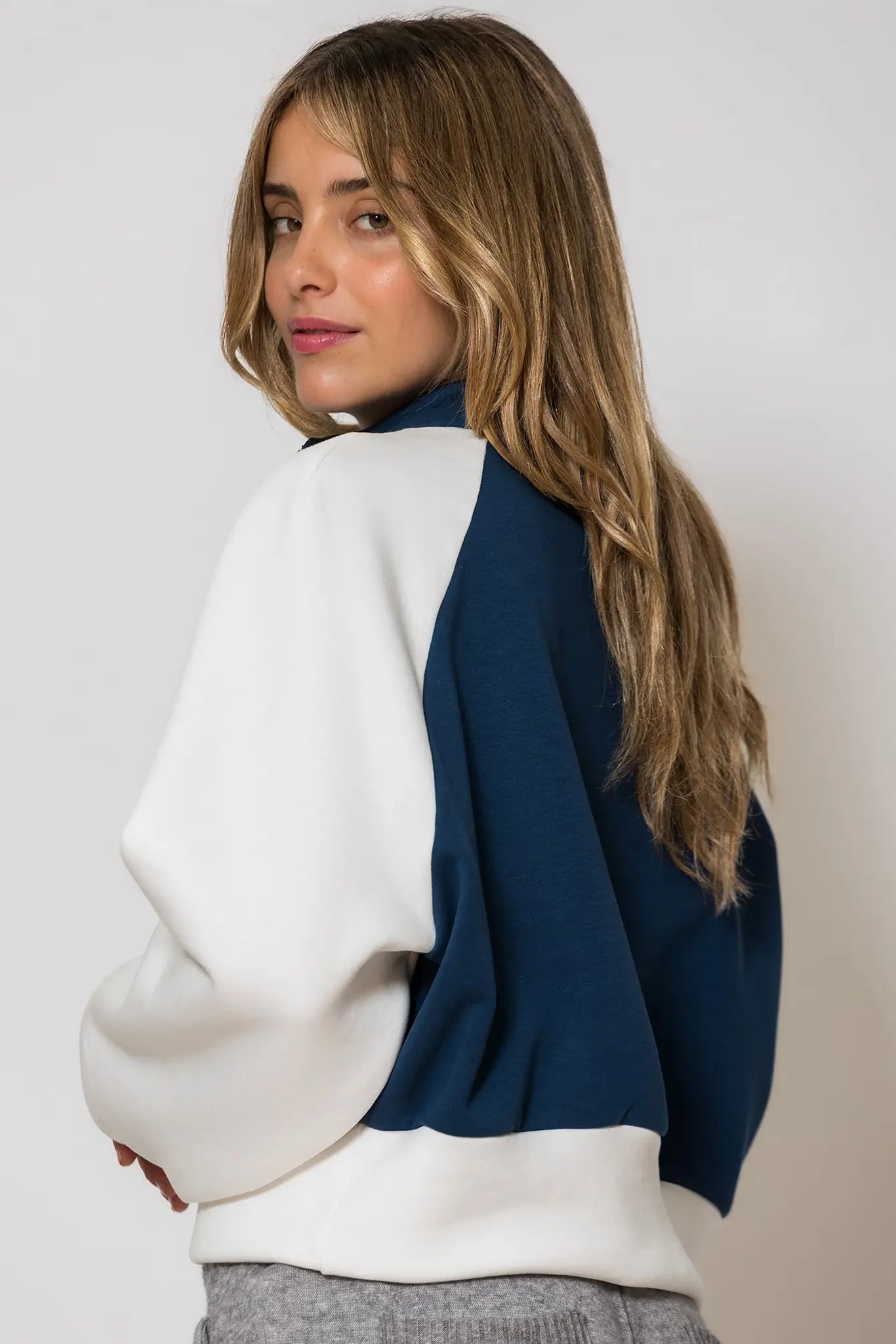 Logo Embroidered Two-Tone Crop Sweater Blue