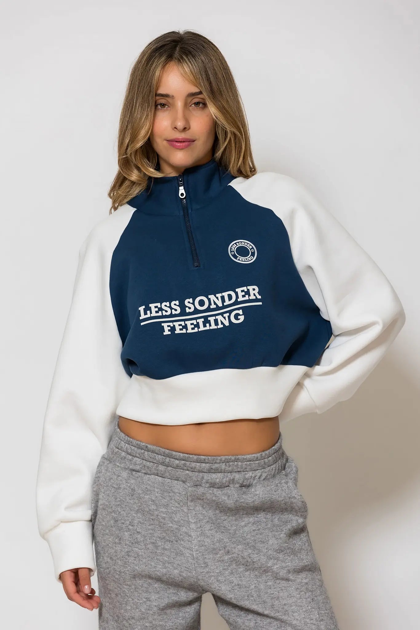 Logo Embroidered Two-Tone Crop Sweater Blue