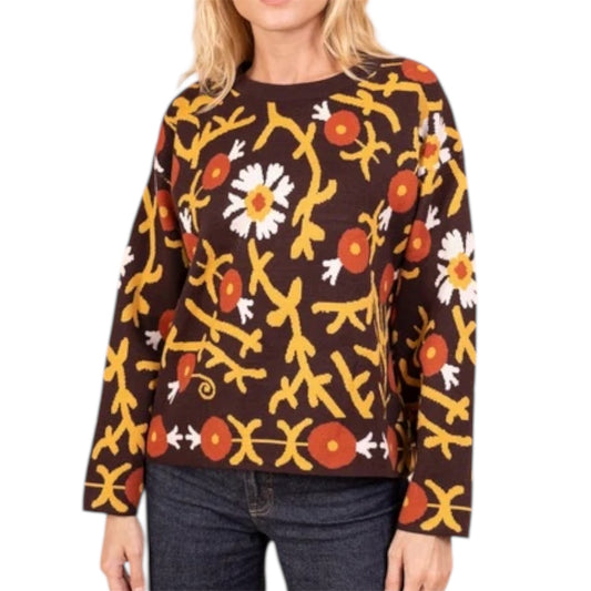 Round Neck Brown Flowers Sweater