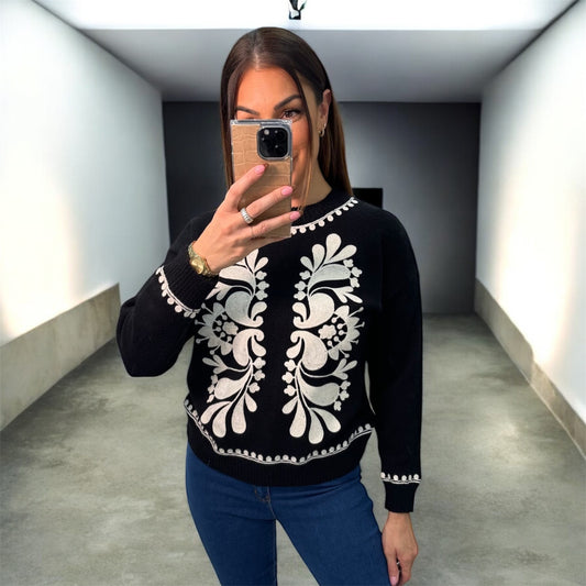 Black Knit Sweater with Ivory Embroidered Floral Pattern