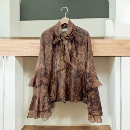 Brown Tie Neck Flowing Blouse