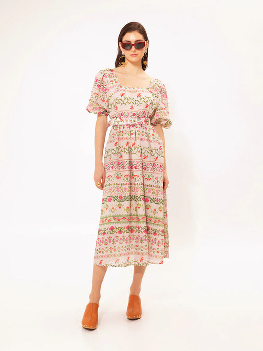 WE__ARE
SQUARE-NECK MIDI DRESS FOLKLORE
