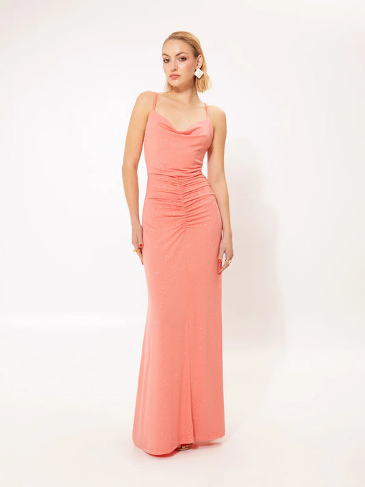 WE__ARE
RUCHED JERSEY MAXI DRESS CORAL GLITTER
