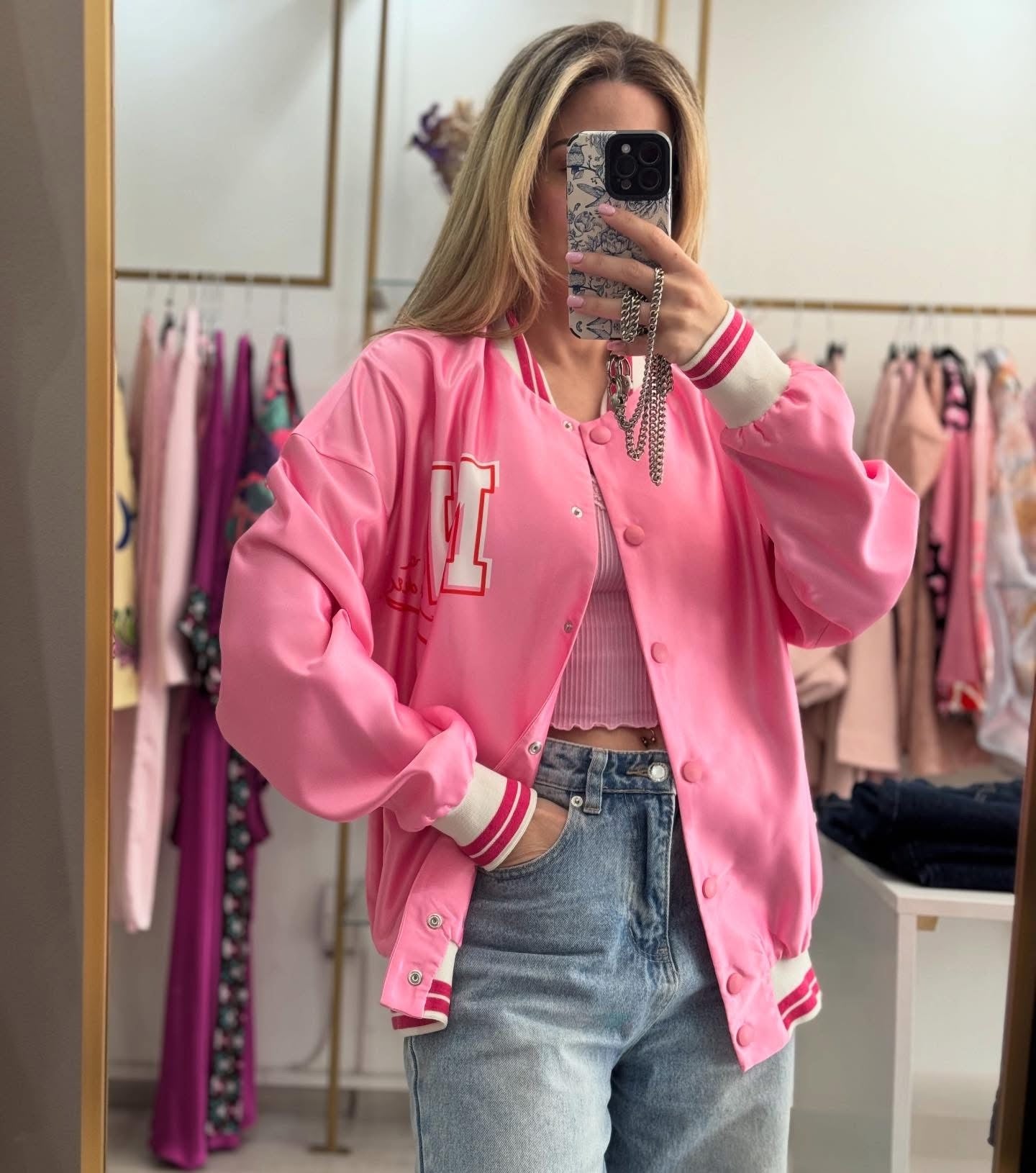 Never On Sunday “Cool Edition” Pink Varsity Jacket