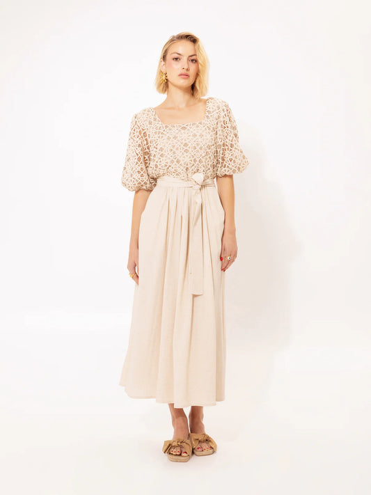 We are CROCHET SQUARE-NECK MIDI DRESS LINEN BEIGE