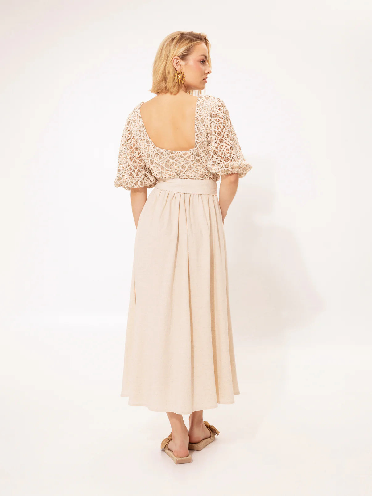 We are CROCHET SQUARE-NECK MIDI DRESS LINEN BEIGE
