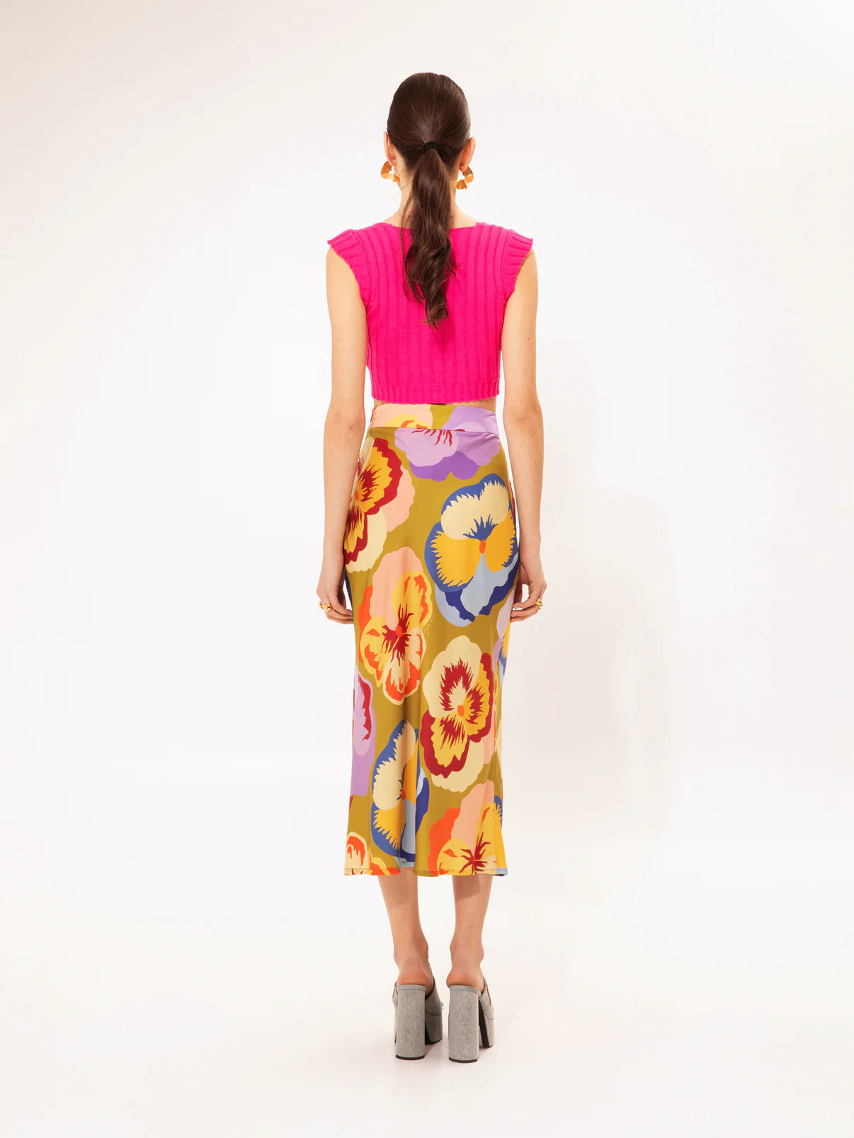 We are FRONT-SLIT MIDI SKIRT ORCHIDS