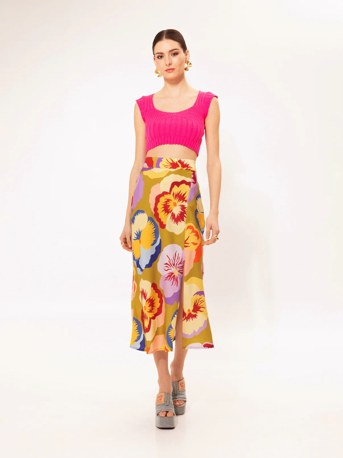 We are FRONT-SLIT MIDI SKIRT ORCHIDS
