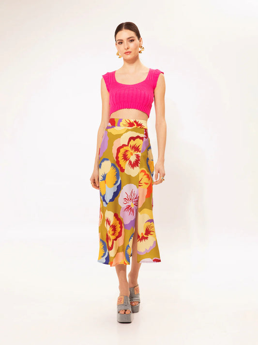 We are FRONT-SLIT MIDI SKIRT ORCHIDS