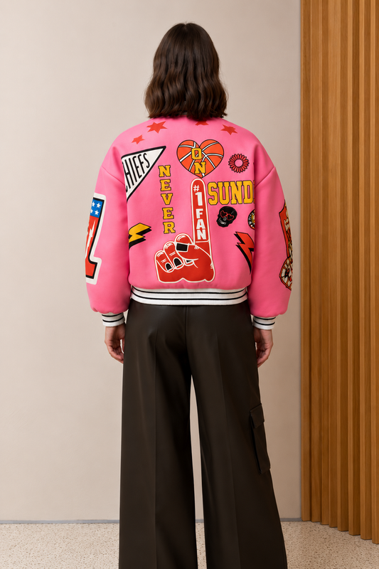 Never on Sunday Elan Crop Bomber Jacket Pink