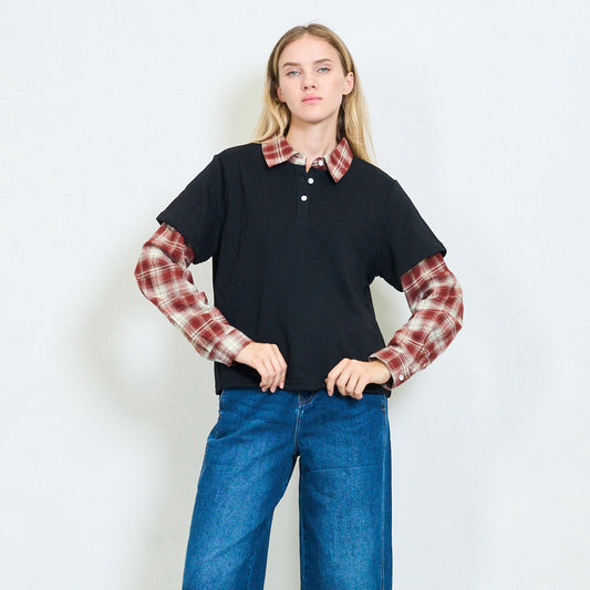 Layered Effect Shirt with Plaid Sleeves black