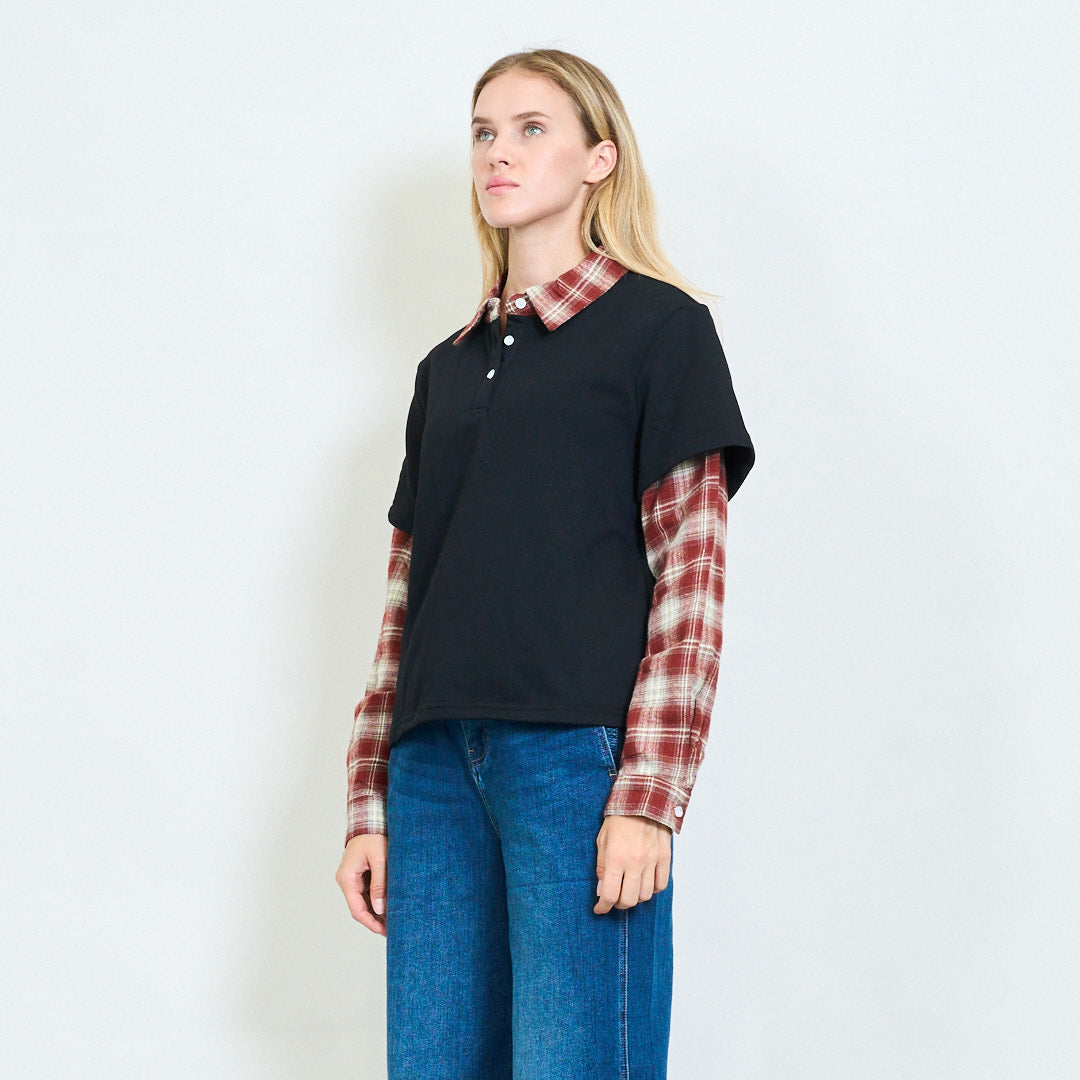 Layered Effect Shirt with Plaid Sleeves black