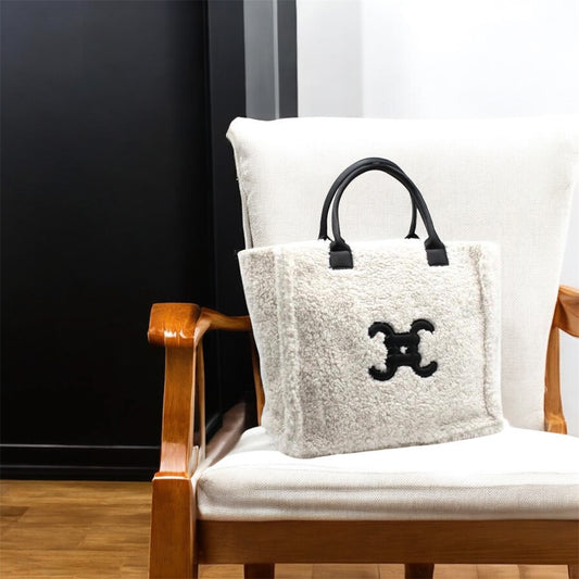 Big Furry tote bag with logo Ecru