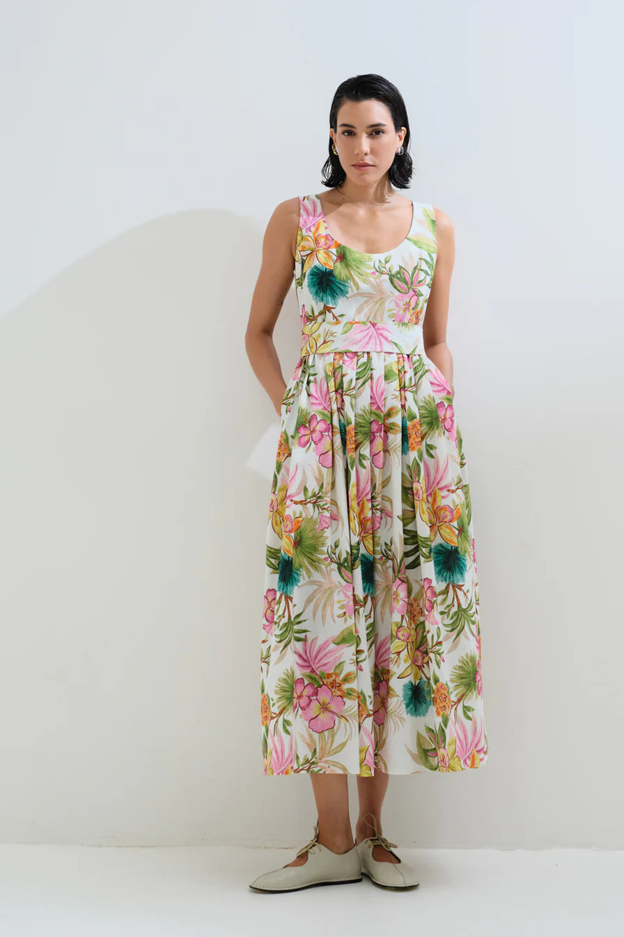 Linen pleated floral dress