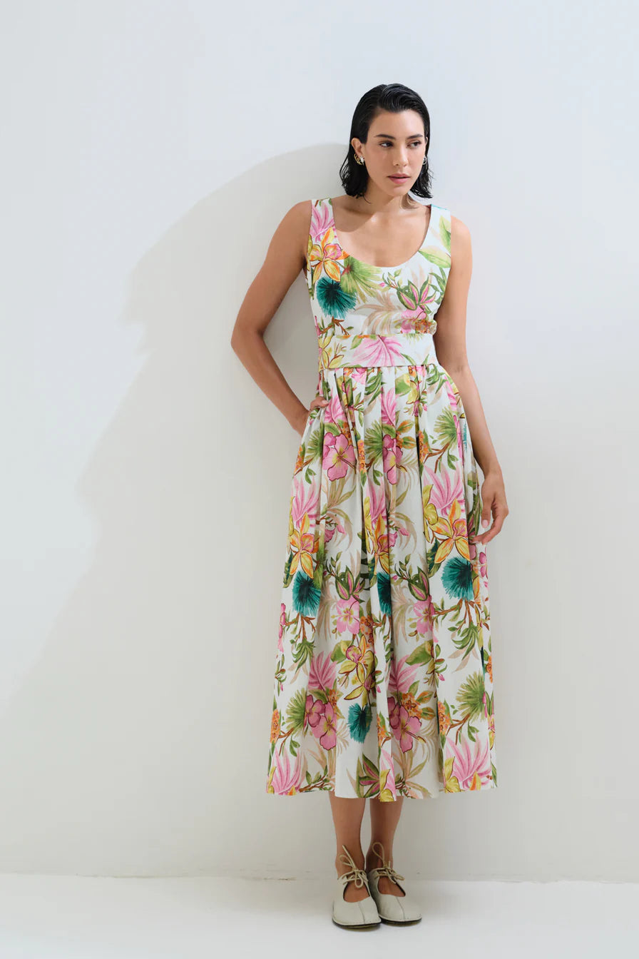 Linen pleated floral dress