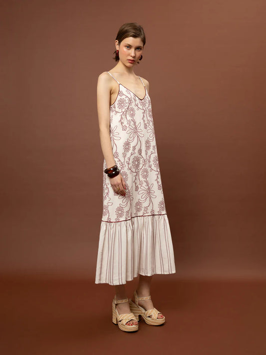 WE__ARE TIERED JACQUARD DRESS - WHITE & RED
