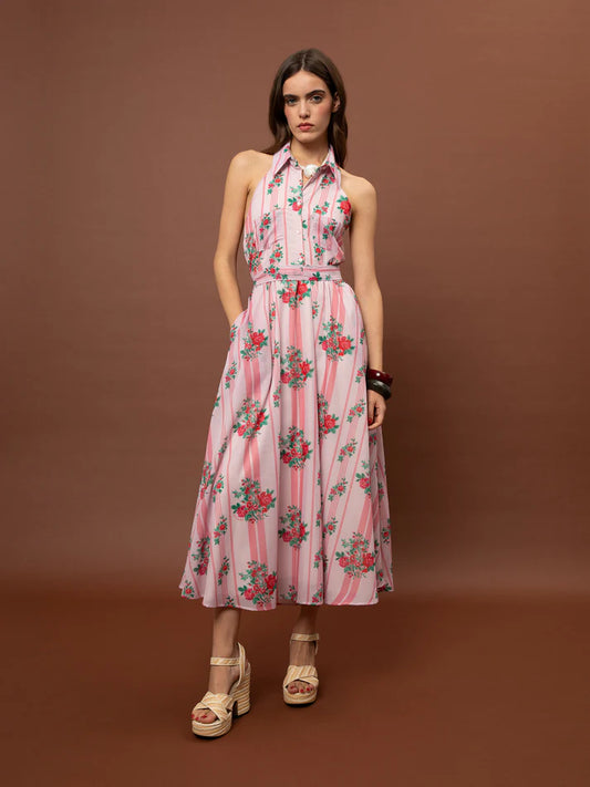 WE__ARE SLEEVELESS SHIRT COLLAR COTTON DRESS - STRIPES ROSES