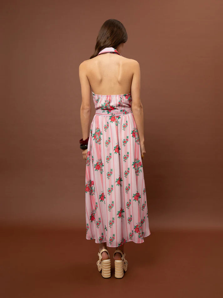 WE__ARE SLEEVELESS SHIRT COLLAR COTTON DRESS - STRIPES ROSES