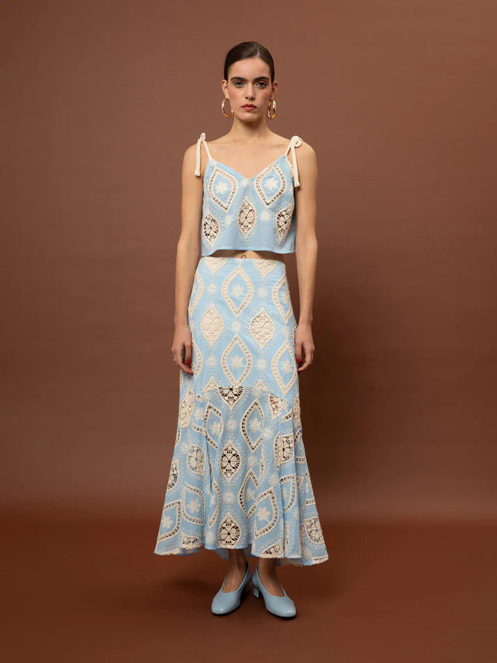 WE__ARE FLARED BRODERIE TOP - LIGHT BLUE