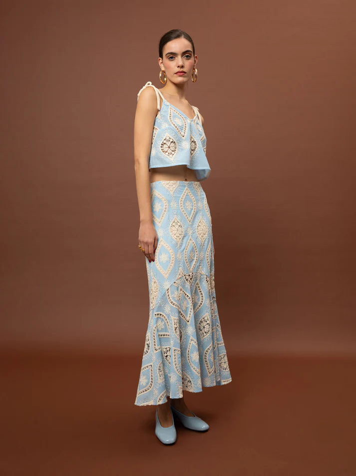 WE__ARE FLARED BRODERIE TOP - LIGHT BLUE
