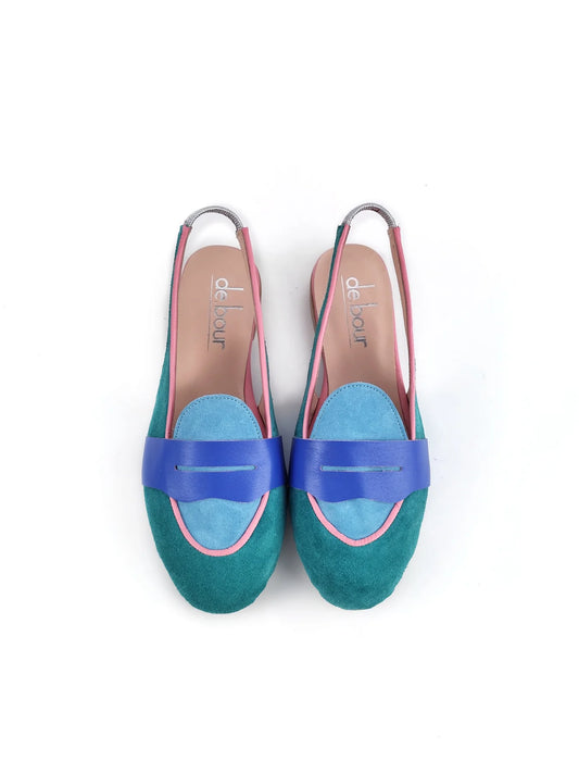 MEG PETROL/BABY BLUE LEATHER SLINGBACK MOCASSINS