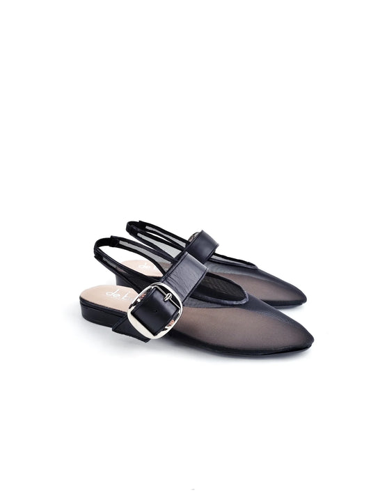 FLORENCE BLACK LEATHER & MESH SLINGBACKS